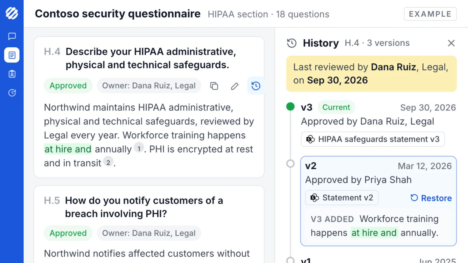 The history of one answer in Tribble: three versions, who approved each and when, the source document version behind each, and the option to restore an earlier version
